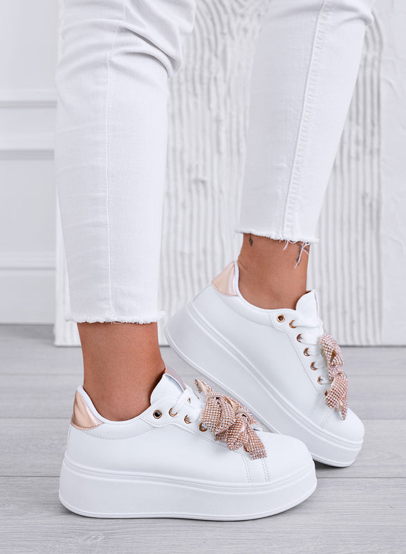 DEZZY - Baskets blanches avec nœuds en strass or rose