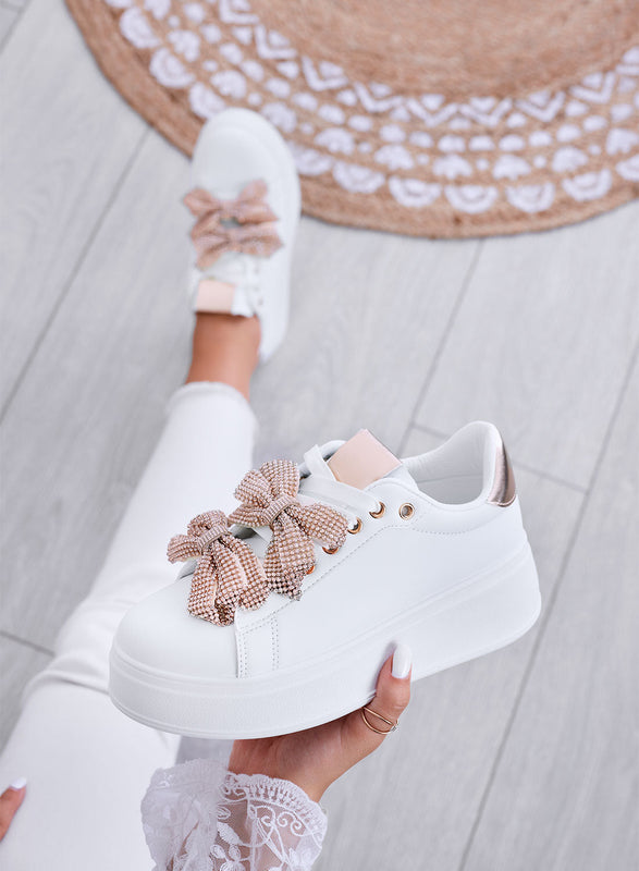 DEZZY - Baskets blanches avec nœuds en strass or rose