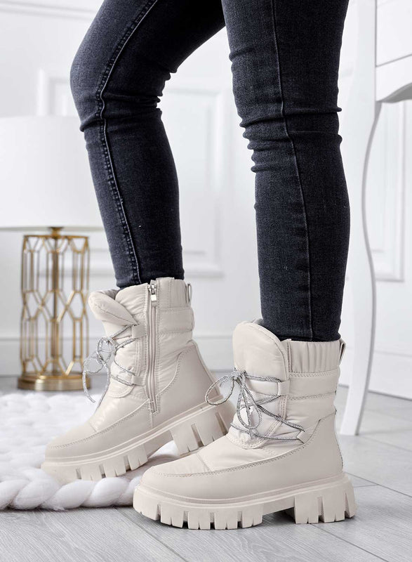 TINA - Bottines matelassées beiges à lacets strass