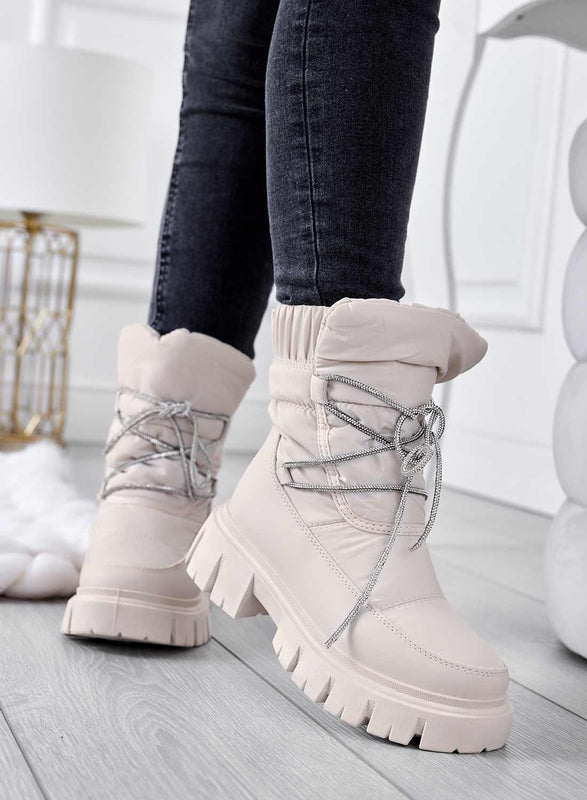 TINA - Bottines matelassées beiges à lacets strass