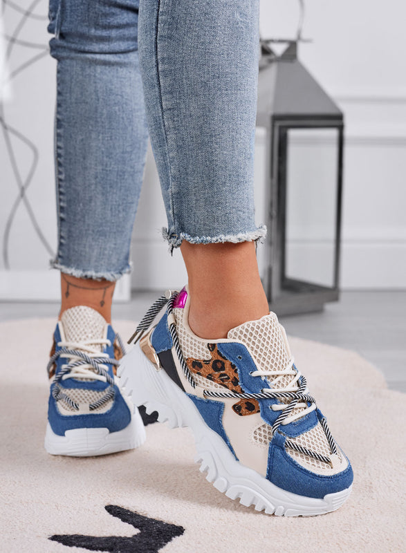AMANDA - Baskets chunky bleu jean avec détails animaliers
