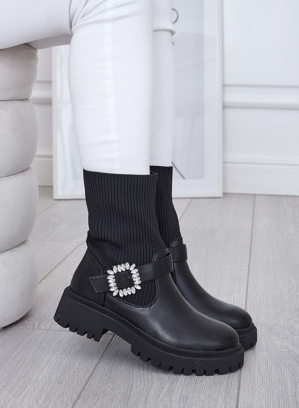 MINERVA - Bottines noires en tissu avec boucle bijou