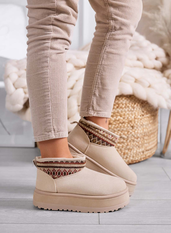 DYLAN - Bottines beiges rembourrées pour femme avec motif ethnique