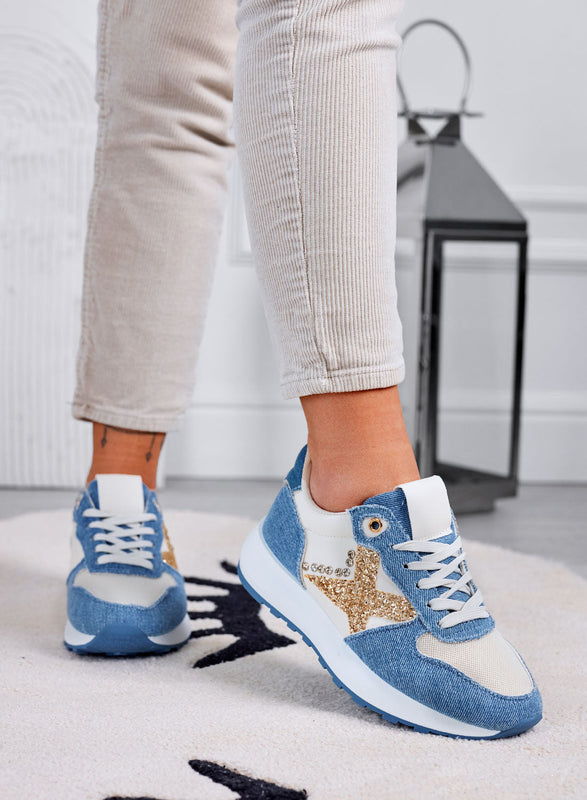 ARISA - Baskets bleu jeans avec paillettes dorées et strass