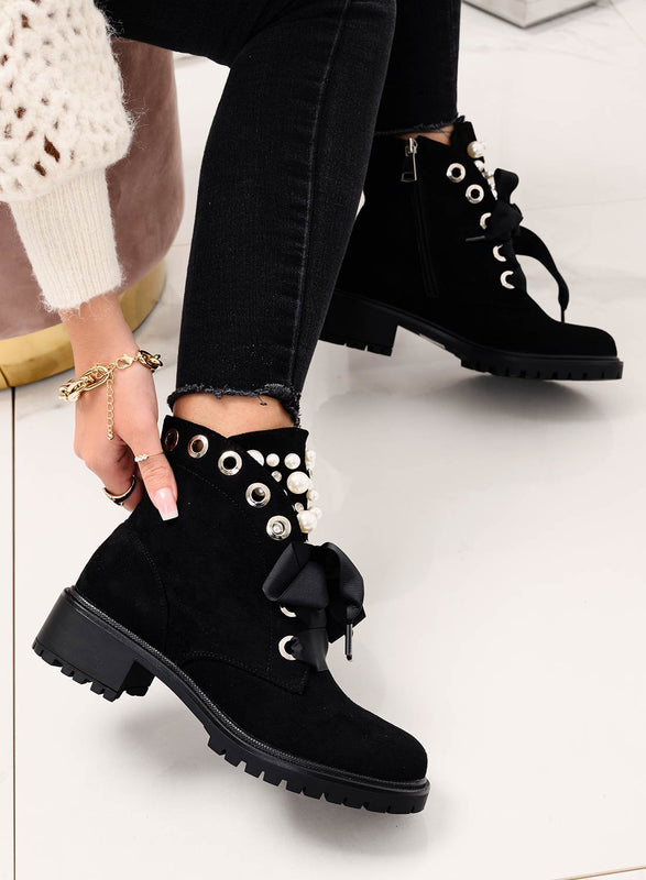 LEANNA - Low boots avec perles et pierres Daim noir