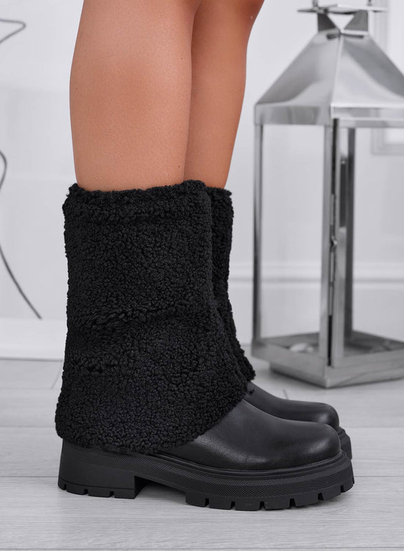 FAITH - Bottines noires à revers en fausse fourrure