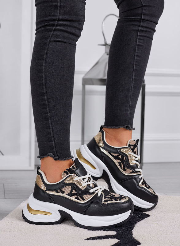 ENEA - Baskets noires et beiges avec motif monogramme et détails dorés