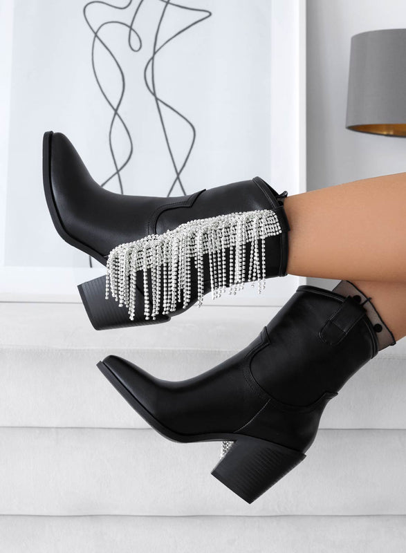 ROSE - Bottines camperos Alexoo noires à franges bijoux