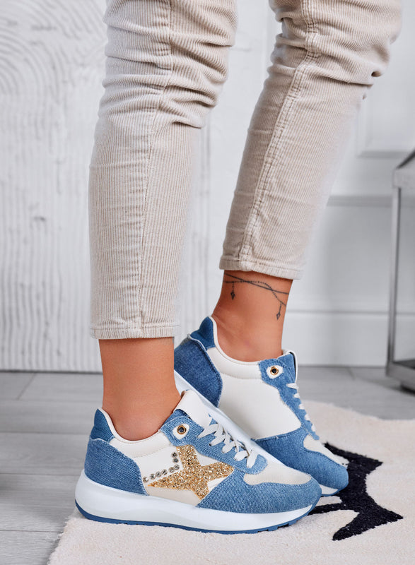 ARISA - Baskets bleu jeans avec paillettes dorées et strass