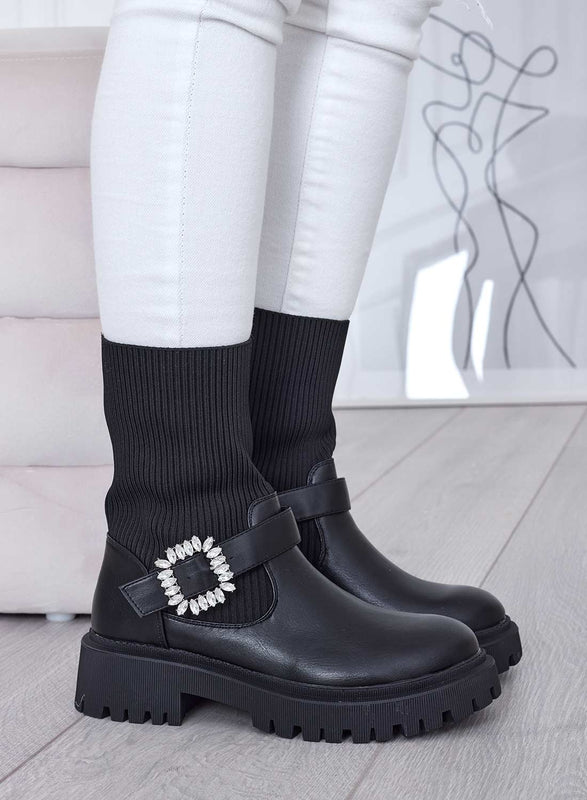 MINERVA - Bottines noires en tissu avec boucle bijou