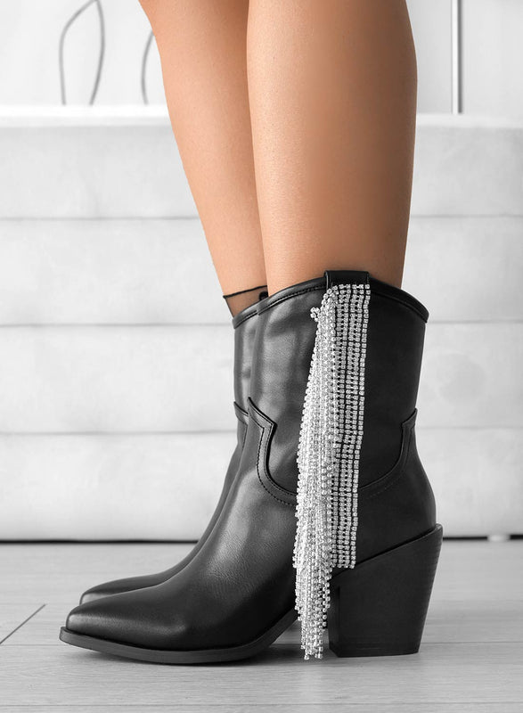 ROSE - Bottines camperos Alexoo noires à franges bijoux