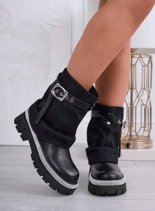 SALLY - Bottines noires à revers et bord strass