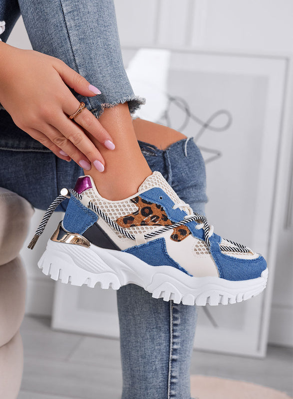 AMANDA - Baskets chunky bleu jean avec détails animaliers