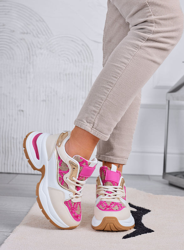 ENEA - Baskets beiges avec inserts en tissu fuchsia