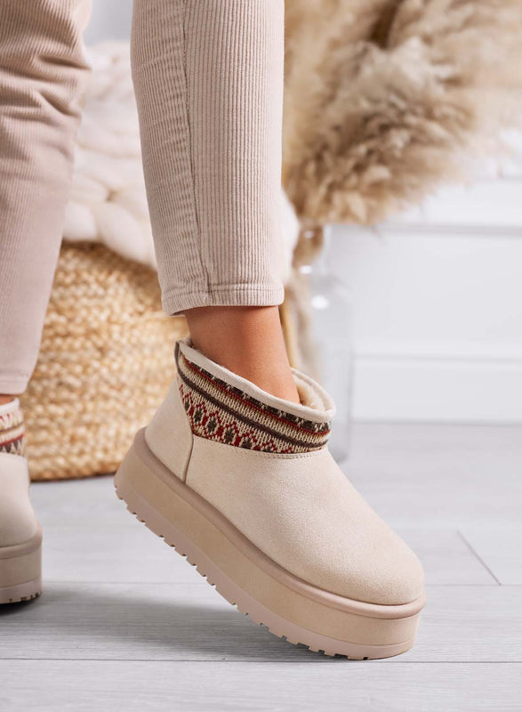DYLAN - Bottines beiges rembourrées pour femme avec motif ethnique