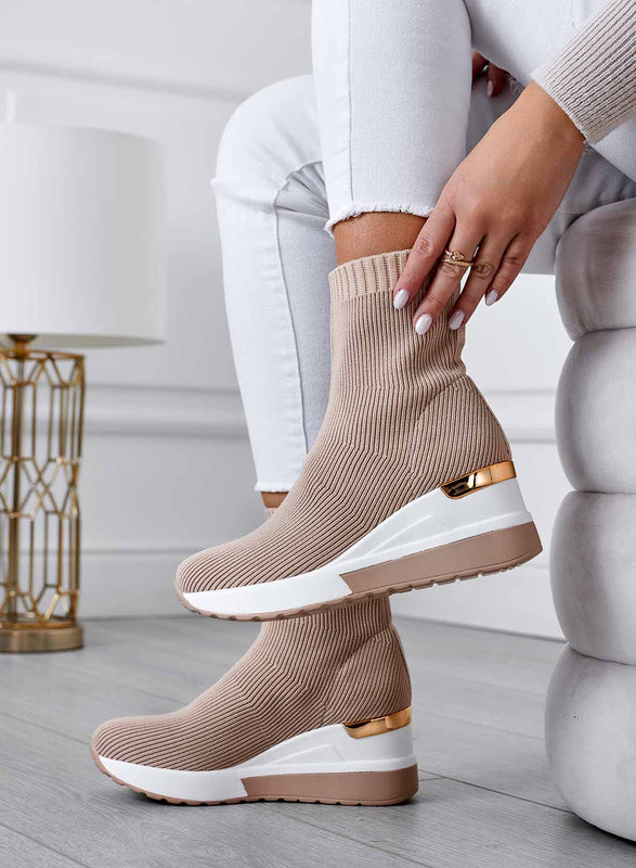 JUNA - Bottines beiges en tissu élastique à talon compensé