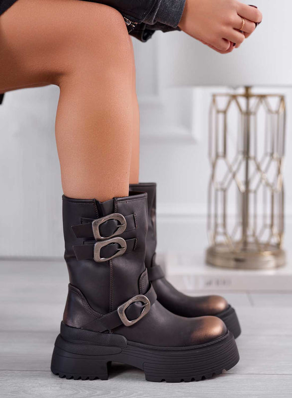 ELETTRA - Bottines marron avec boucles argentées