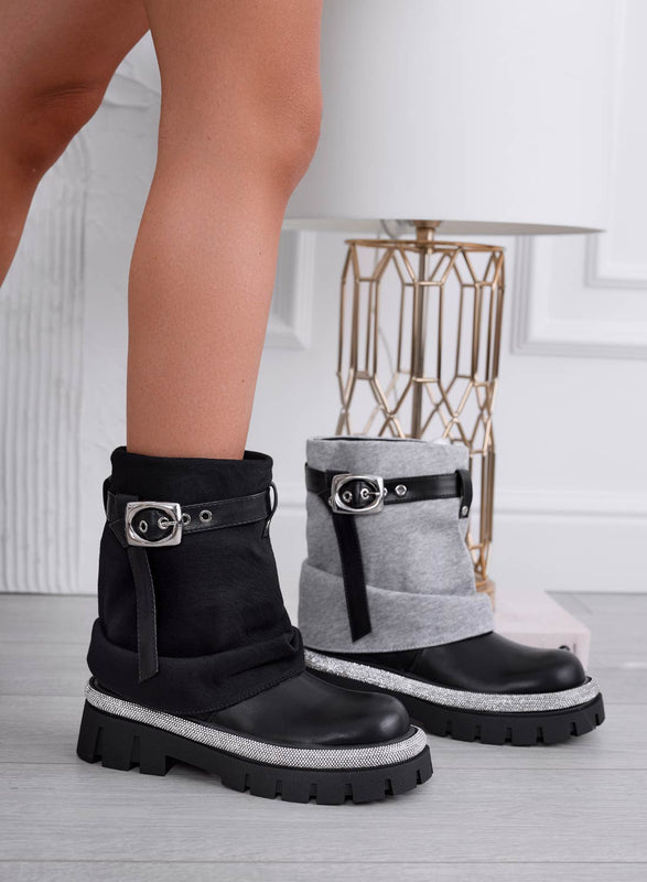 SALLY - Bottines noires à revers et bord strass