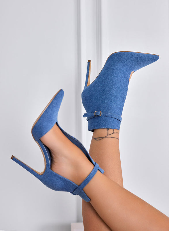 ADELAIDE - Bottines en denim bleu à ouverture latérale et talon aiguille haut