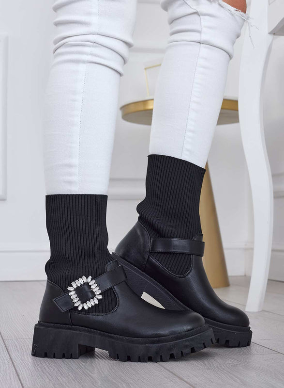 MINERVA - Bottines noires en tissu avec boucle bijou