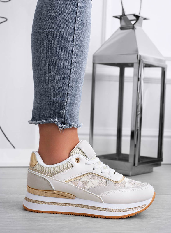 ANNALISA - Baskets beiges à empiècements pailletés dorés