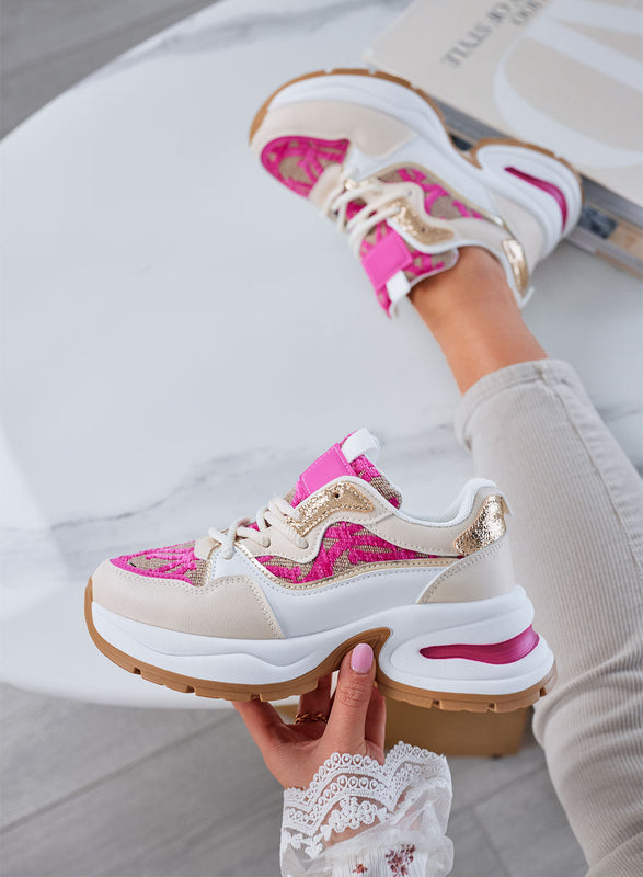 ENEA - Baskets beiges avec inserts en tissu fuchsia