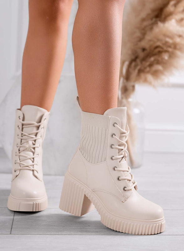 FIORENZA - Bottines beiges avec inserts en tissu et talon confortable