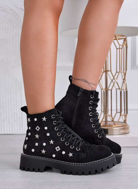 VERONIKA - Bottines amphibies noires avec perles et clous étoiles