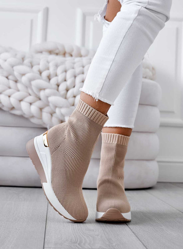 JUNA - Bottines beiges en tissu élastique à talon compensé