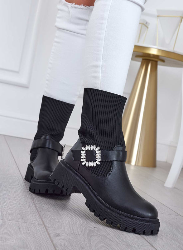 MINERVA - Bottines noires en tissu avec boucle bijou