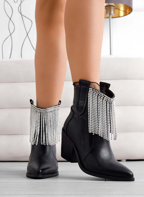 RIKI - Bottines Alexoo camperos noires à franges bijoux