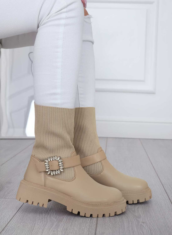 MINERVA - Bottines en tissu beige avec boucle bijou