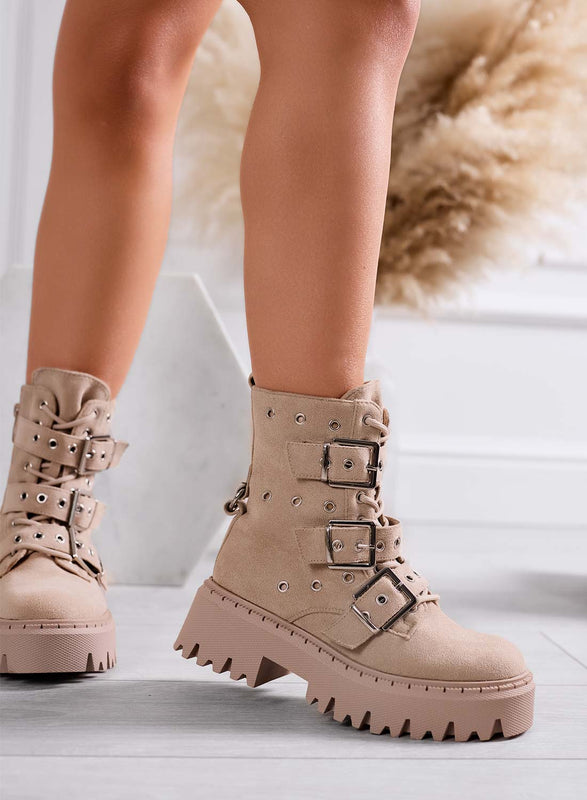 MIRIANA - Bottines beiges style militaire Alexoo avec boucles