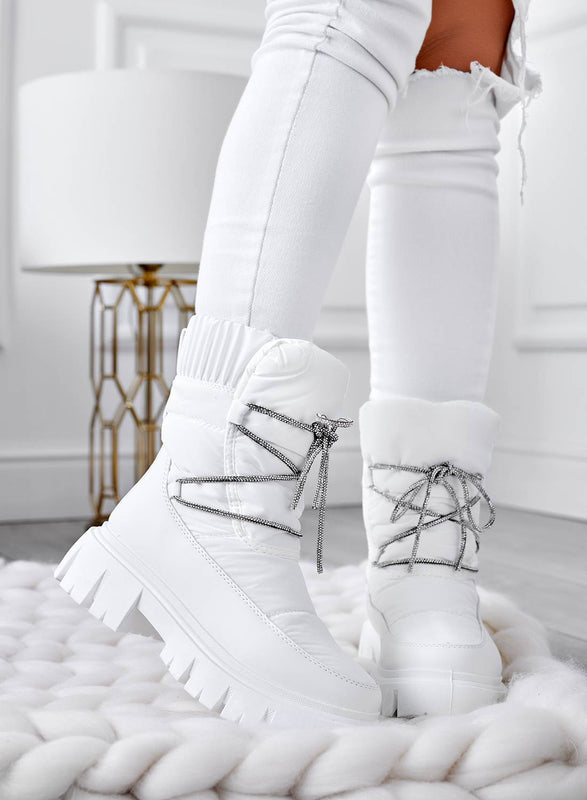 TINA - Bottines matelassées blanches à lacets en strass