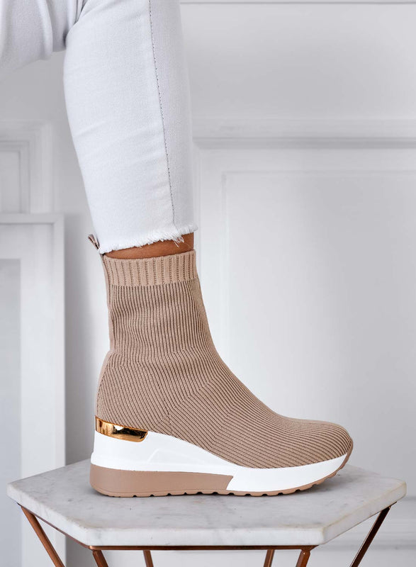 JUNA - Bottines beiges en tissu élastique à talon compensé