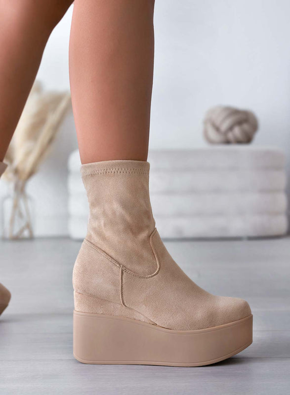 MIAA - Bottines Alexoo beige en daim avec semelle compensée
