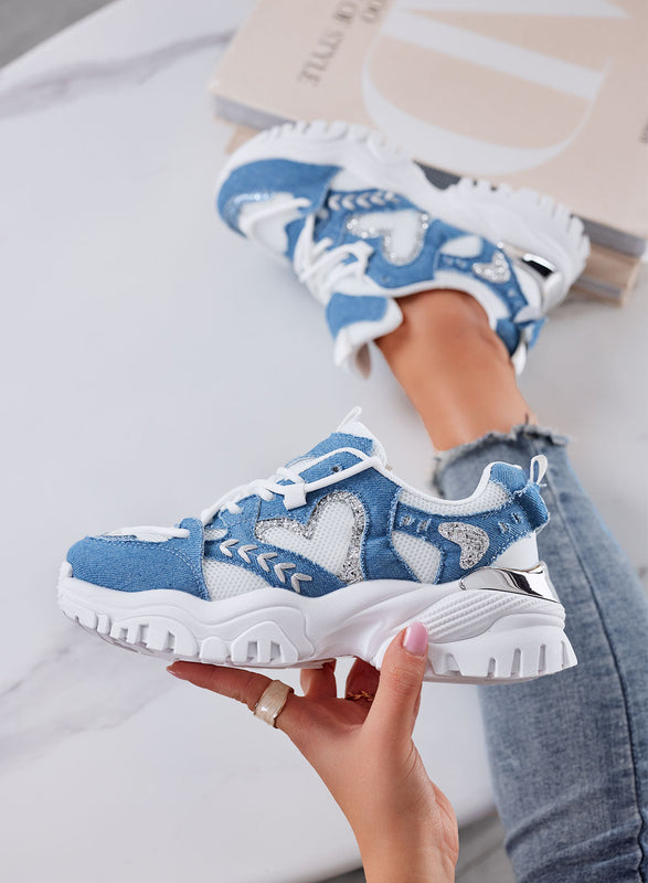 LORY - Baskets blanches sportives pour femme avec cœur et inserts bleu jeans