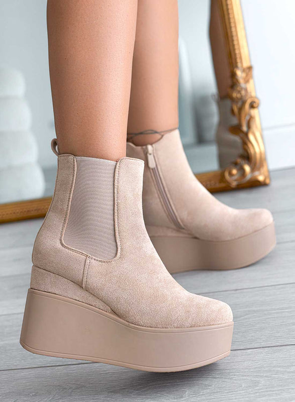 SPAIN - Bottines Alexoo beiges à semelle compensée et élastique latéral