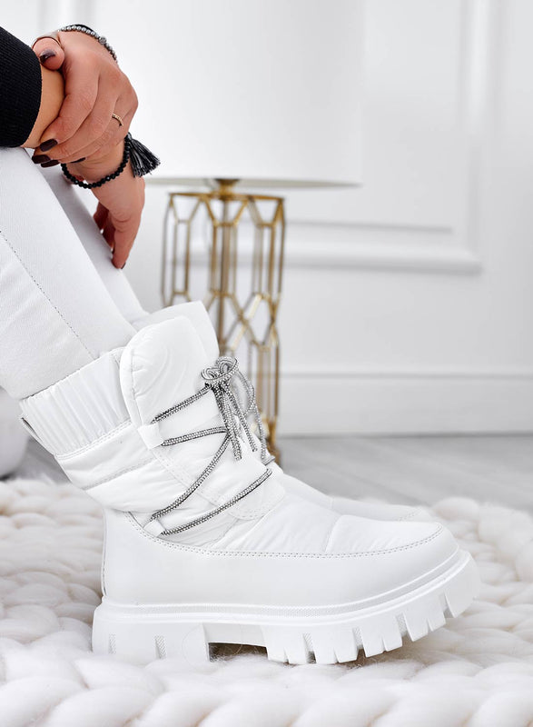 TINA - Bottines matelassées blanches à lacets en strass