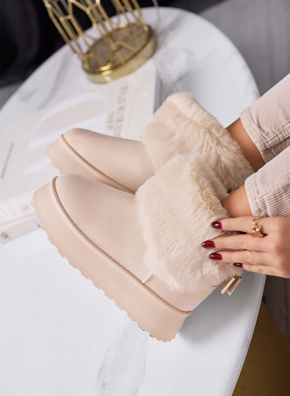 LIAA - Bottines beiges pour femme rembourrées avec fausse fourrure douce