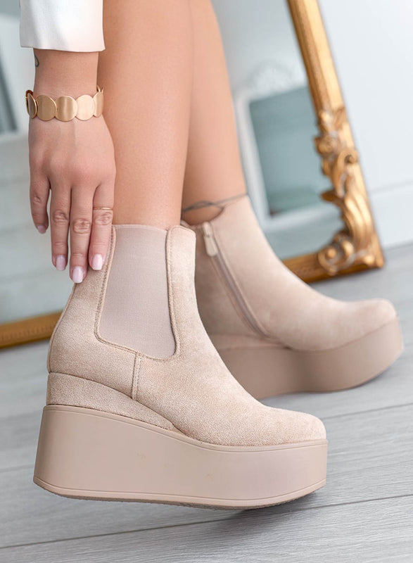 SPAIN - Bottines Alexoo beiges à semelle compensée et élastique latéral