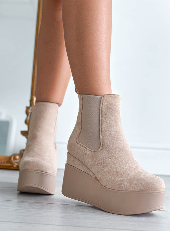 SPAIN - Bottines Alexoo beiges à semelle compensée et élastique latéral