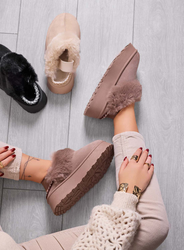 NITRA - Chaussons marron rembourrés avec fausse fourrure et ressort à l'arrière