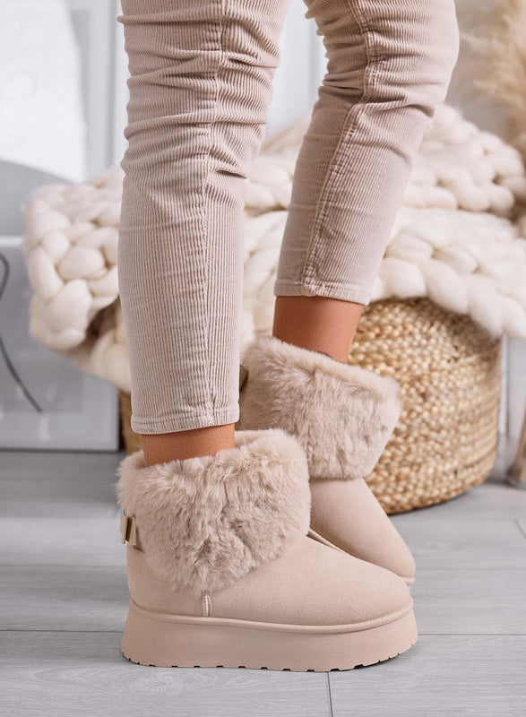 LIAA - Bottines beiges pour femme rembourrées avec fausse fourrure douce