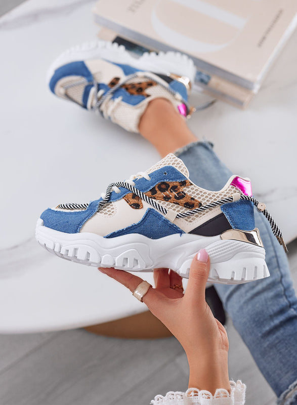 AMANDA - Baskets chunky bleu jean avec détails animaliers