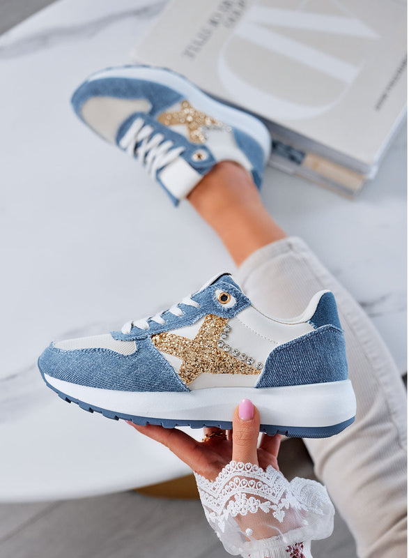 ARISA - Baskets bleu jeans avec paillettes dorées et strass