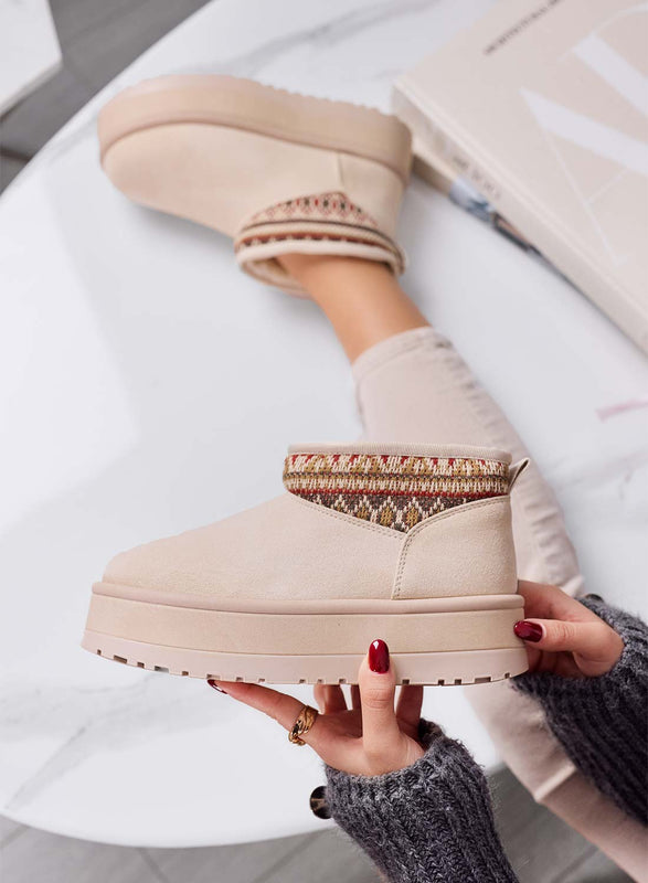 DYLAN - Bottines beiges rembourrées pour femme avec motif ethnique