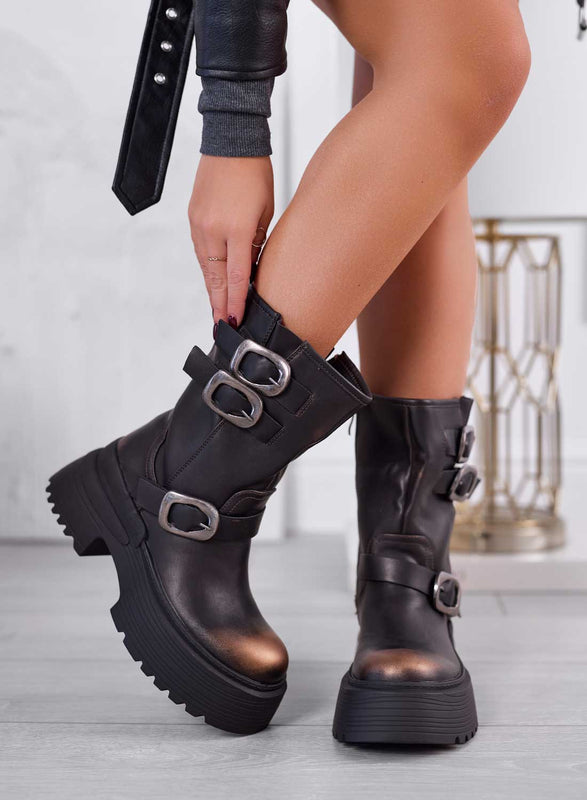 ELETTRA - Bottines marron avec boucles argentées