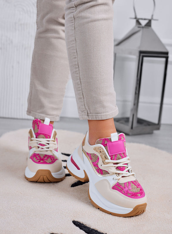 ENEA - Baskets beiges avec inserts en tissu fuchsia