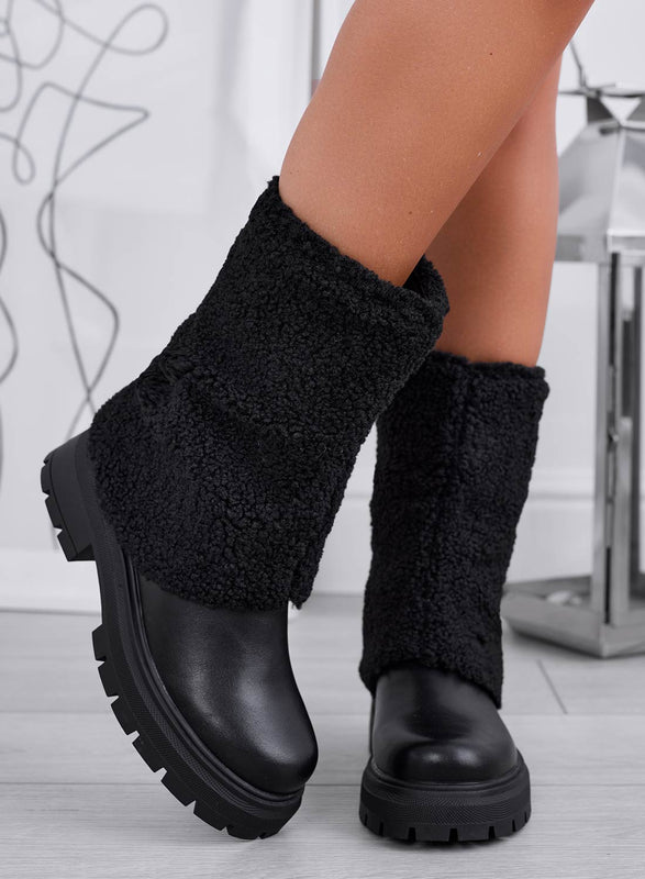 FAITH - Bottines noires à revers en fausse fourrure